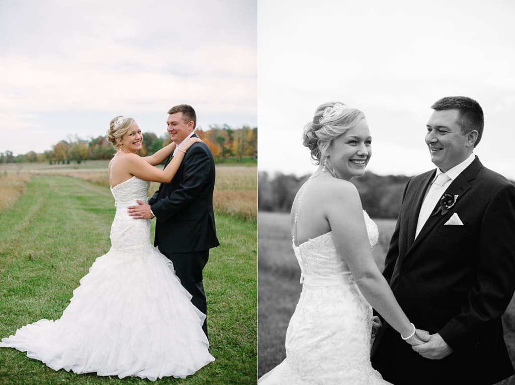 bride and groom portrait in green field in wisconsin