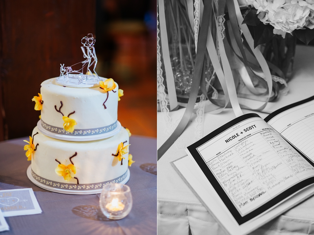 wedding cake details and reception guest book