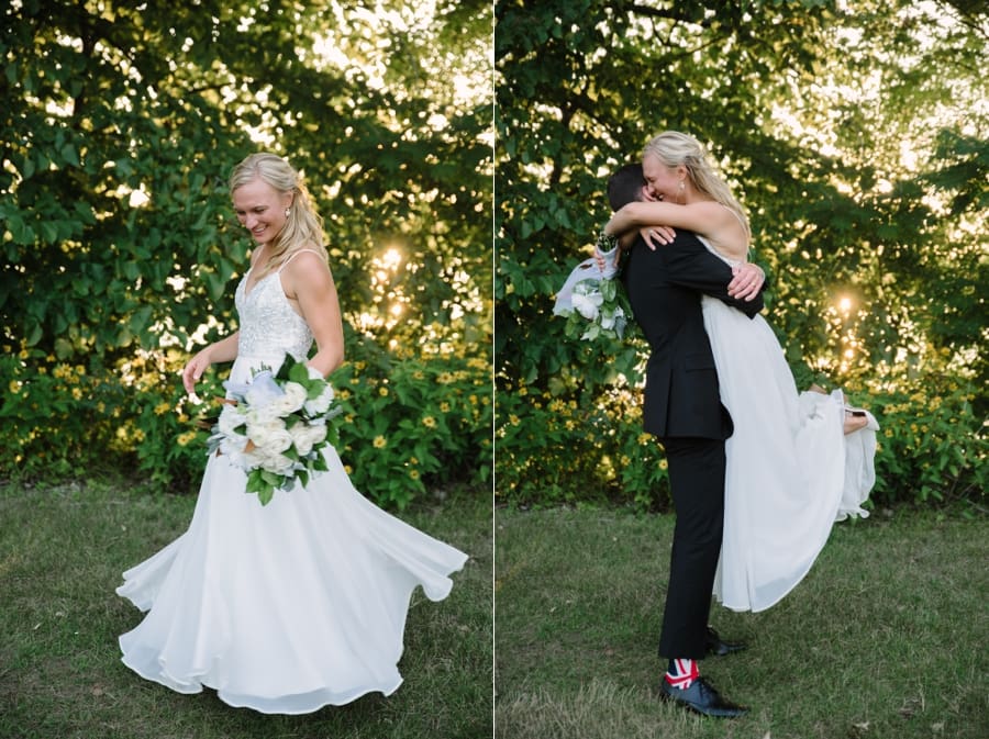 bride jumping into grooms arms photo