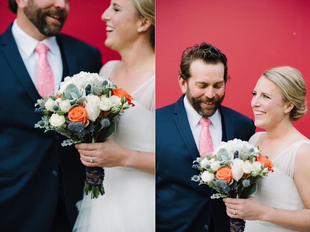 Minnesota Wedding Photographer, Bride and Groom Casual portraits with red background in Minneapolis