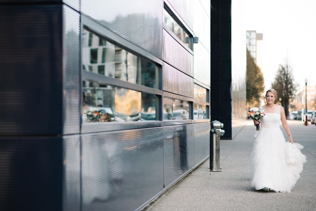 Twin cities wedding photography, bride walking to see her groom for the first look, Minneapolis City Wedding