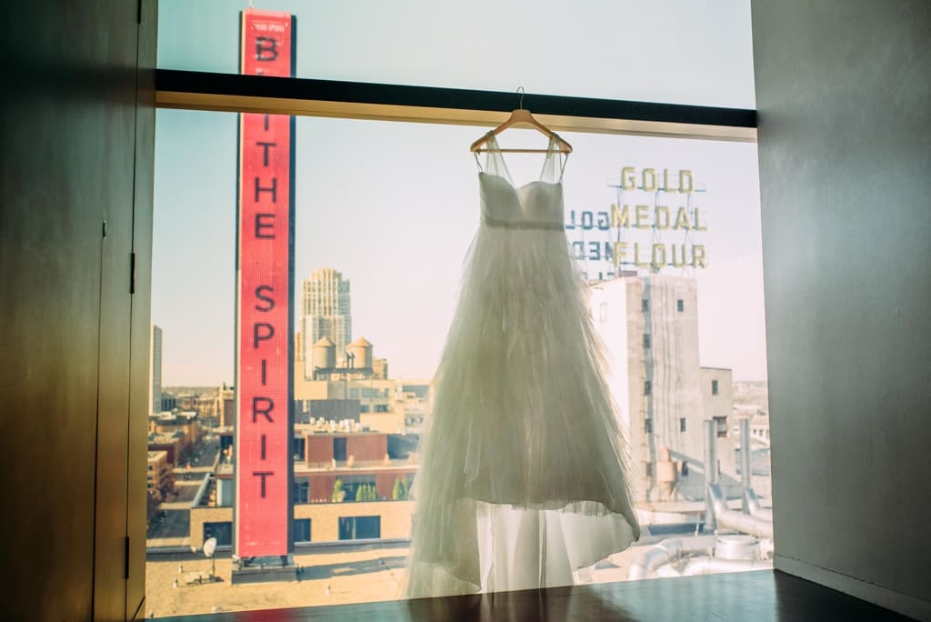 Dress hanging with Minneapolis City Skyline
