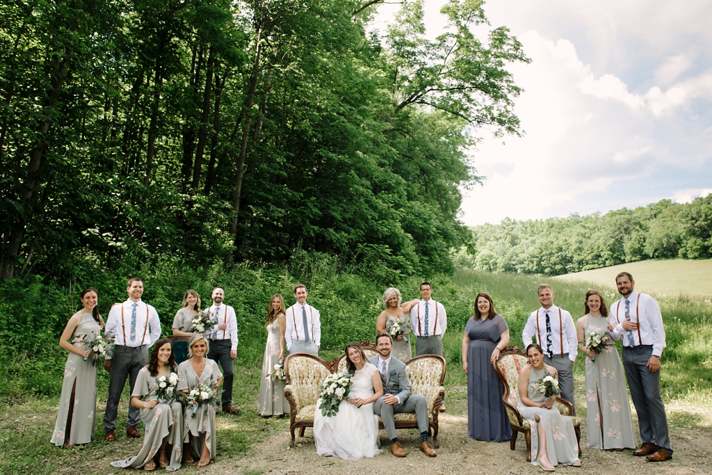 outdoor wedding party photo on minnesota farm