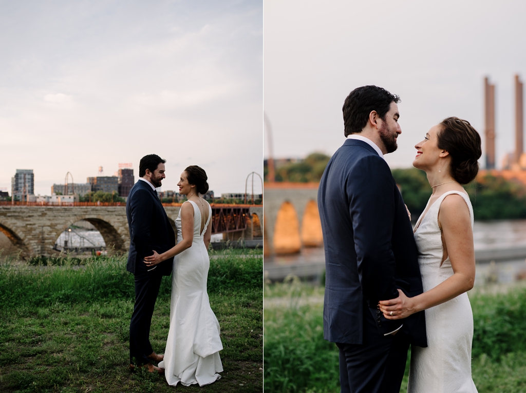 sunset wedding portraits in minneapolis by bridge