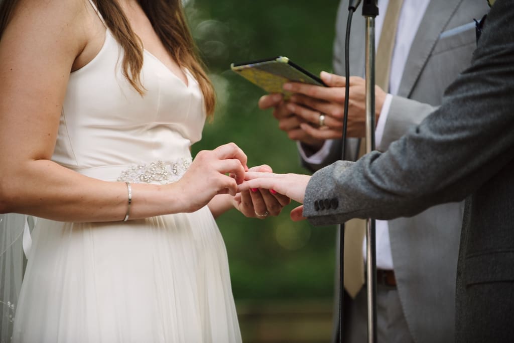 bride putting on groom's ring