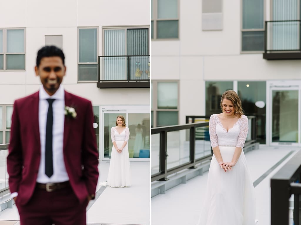 bride approaches groom for first look