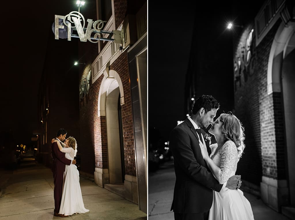 bride and groom at night outside five event center minneapolis