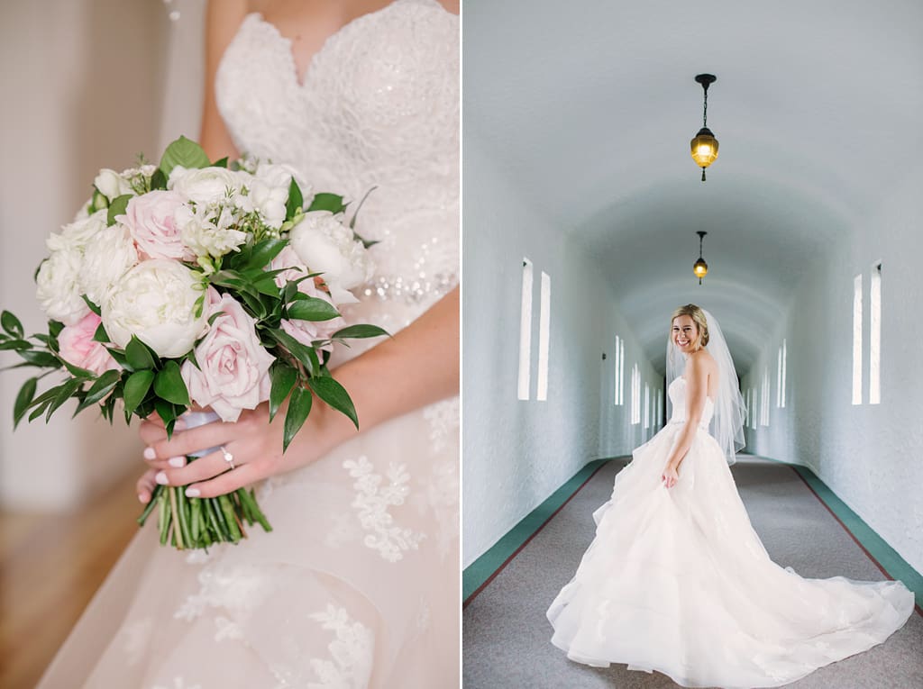 detail of bride holding bouquet, bride twirling dress in church hallway