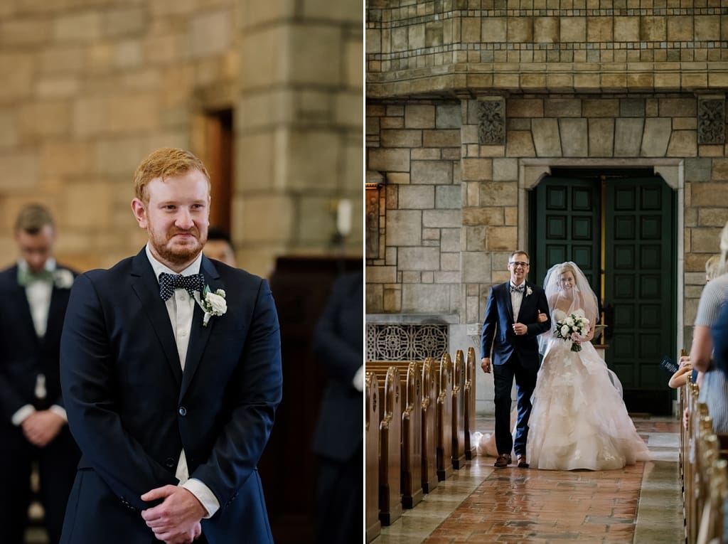 emotional groom watching bride walk down aisle