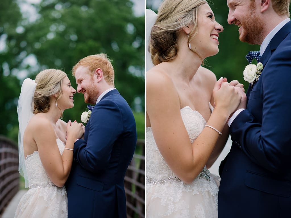 bride and groom clasp hands and smile