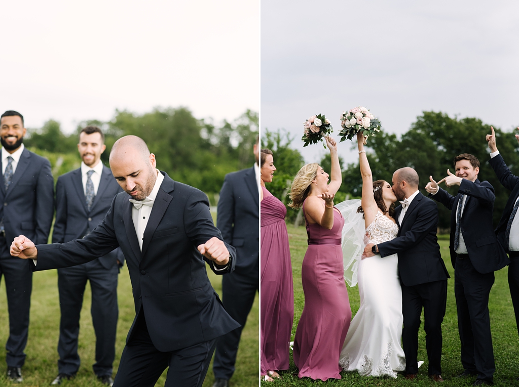 groom dancing playfully during portraits, bride and groom kissing while wedding party cheers