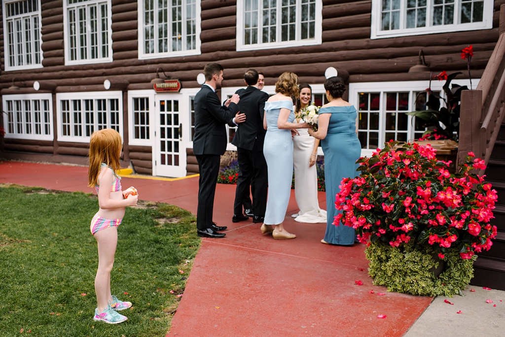 wedding party with girl in swim suit at grand view lodge