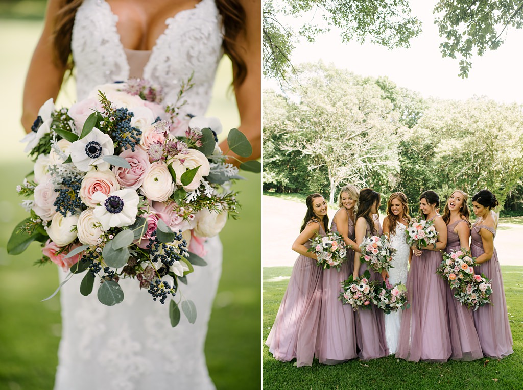 detail of bride's bouquet, bride with bridesmaids pose on green grass