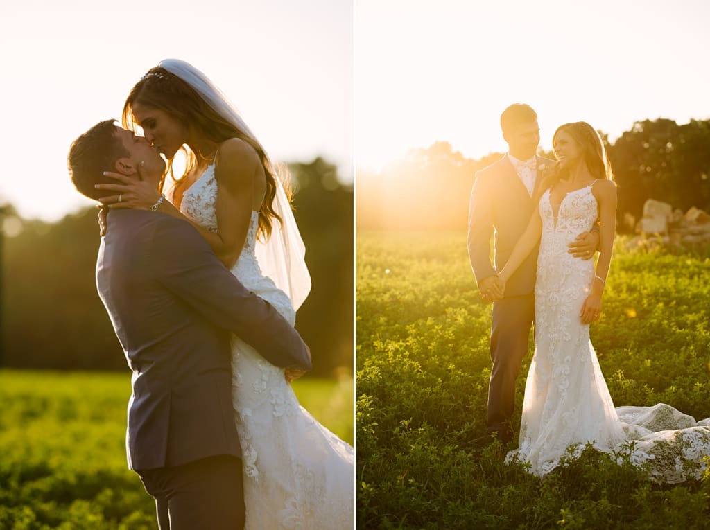 sunset portraits of bride and groom at hidden green event venue