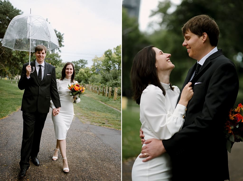 bride and groom elopement in the city in a rainy day