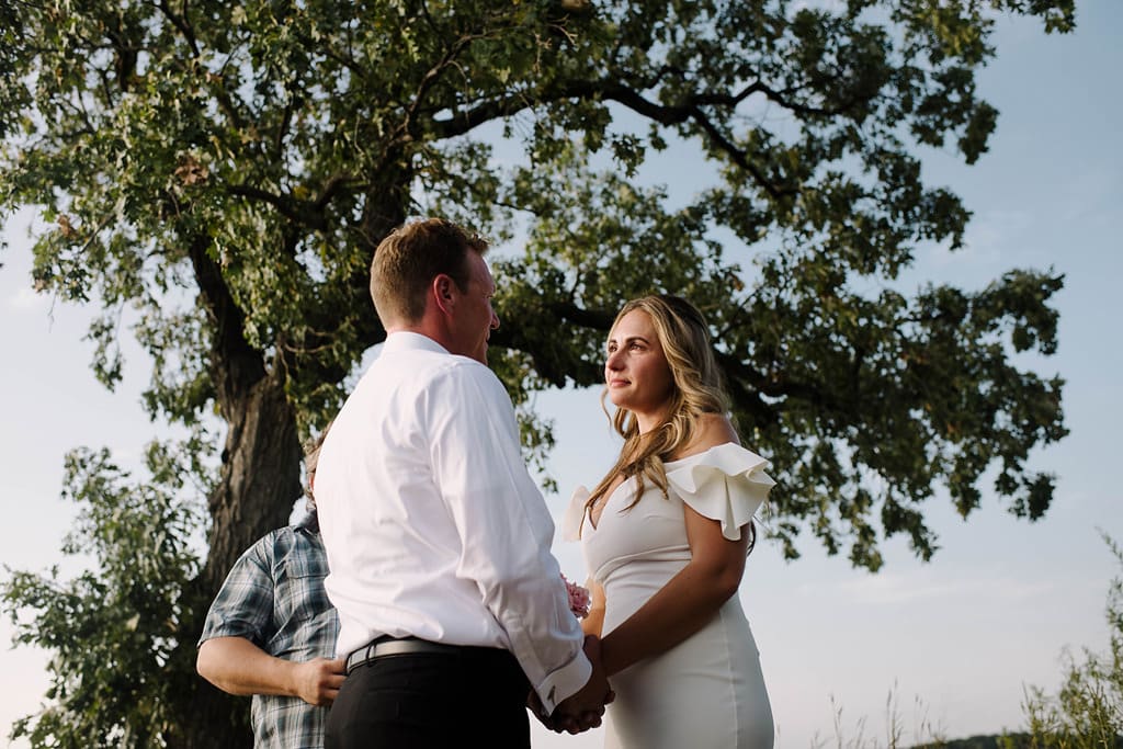 bride and groom elope beneath tree in lake minnetonka