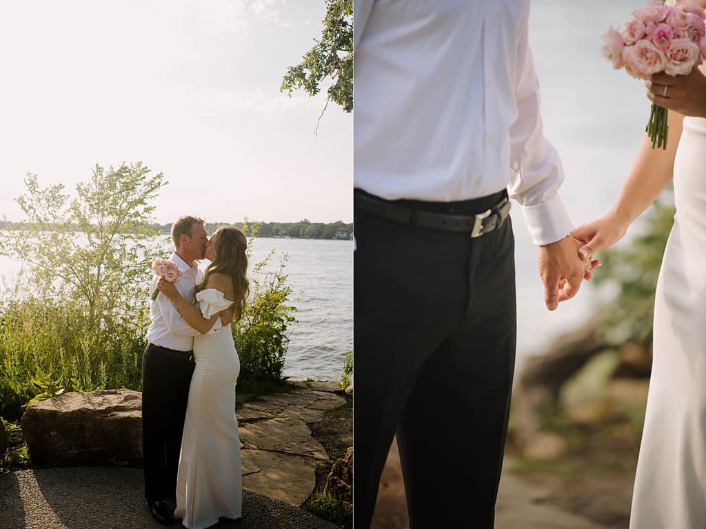 bride and groom portraits beside lake minnetonka