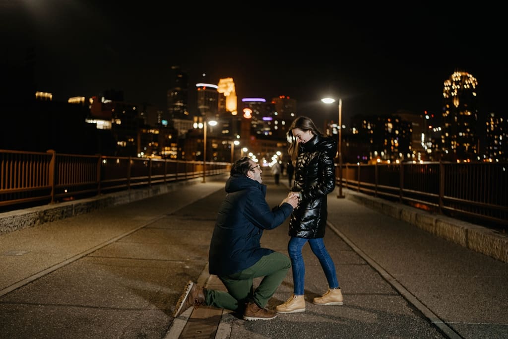 Night proposal at Minneapolis stone arch bridge