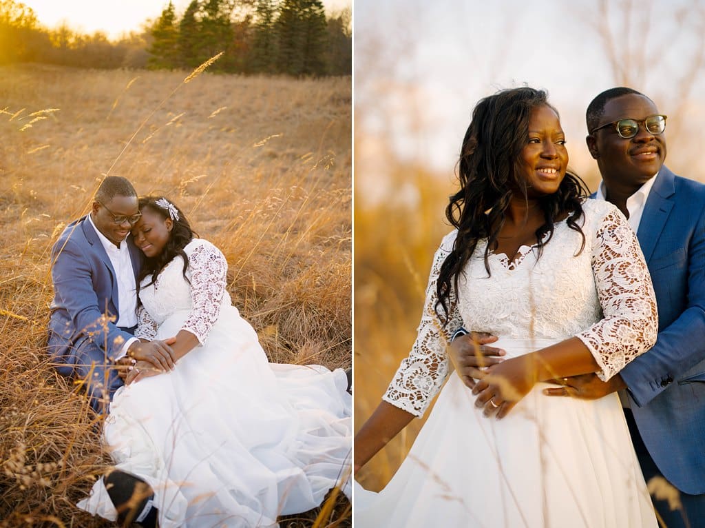 bride and groom embracing in field at sunset