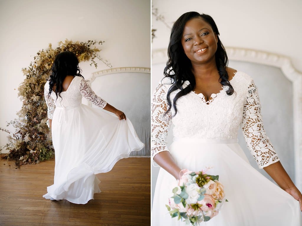 bride showing off dress during studio micro wedding