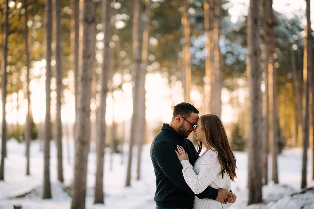 engaged couple hugging in Minneapolis tree farm