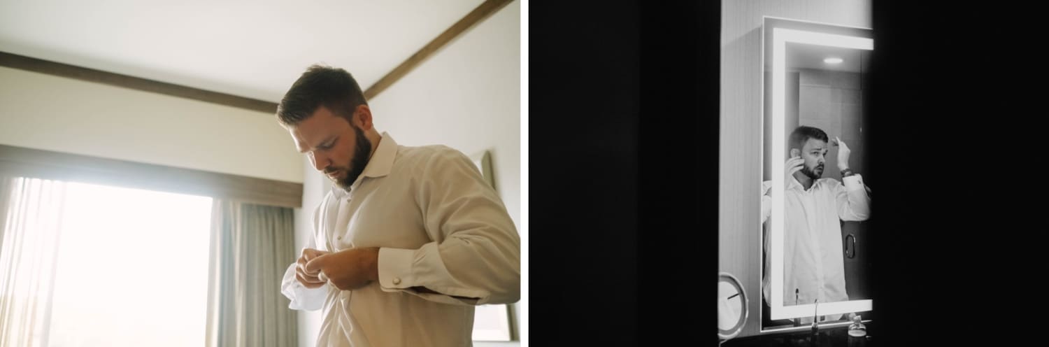 groom getting ready for fall outdoor wedding