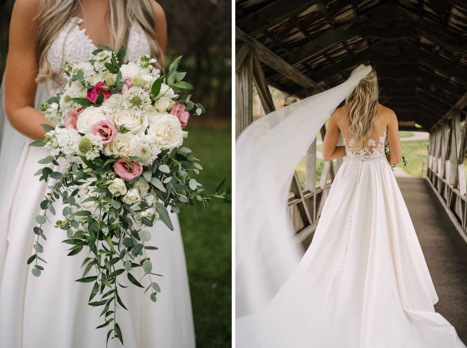 detail of bride's bouquet for fall outdoor wedding, bride from behind on covered bridge
