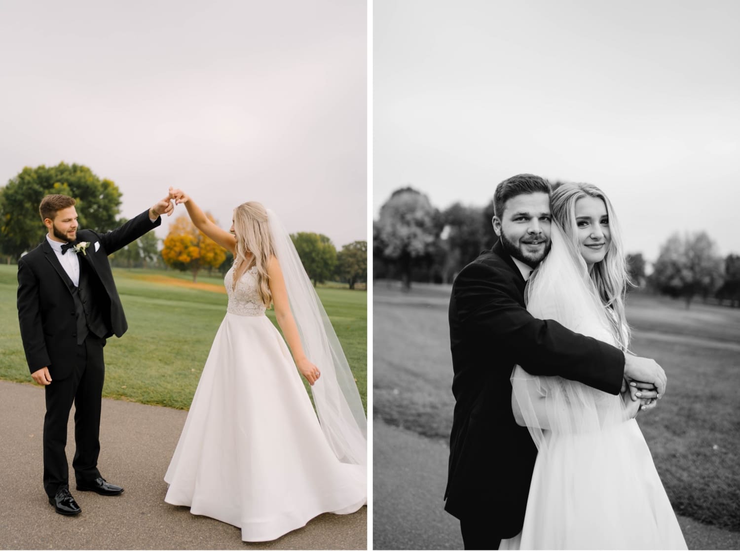 newlyweds posing on golf course at minnesota valley country club