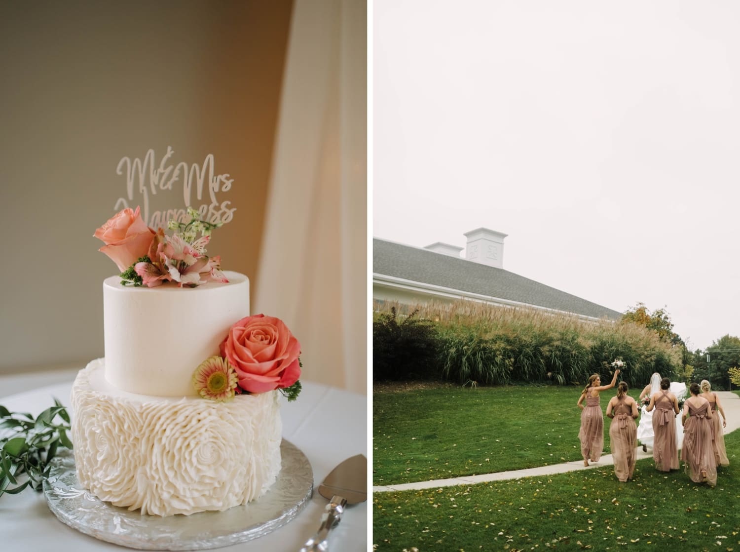 cake detail, bridal party walking across country club grounds