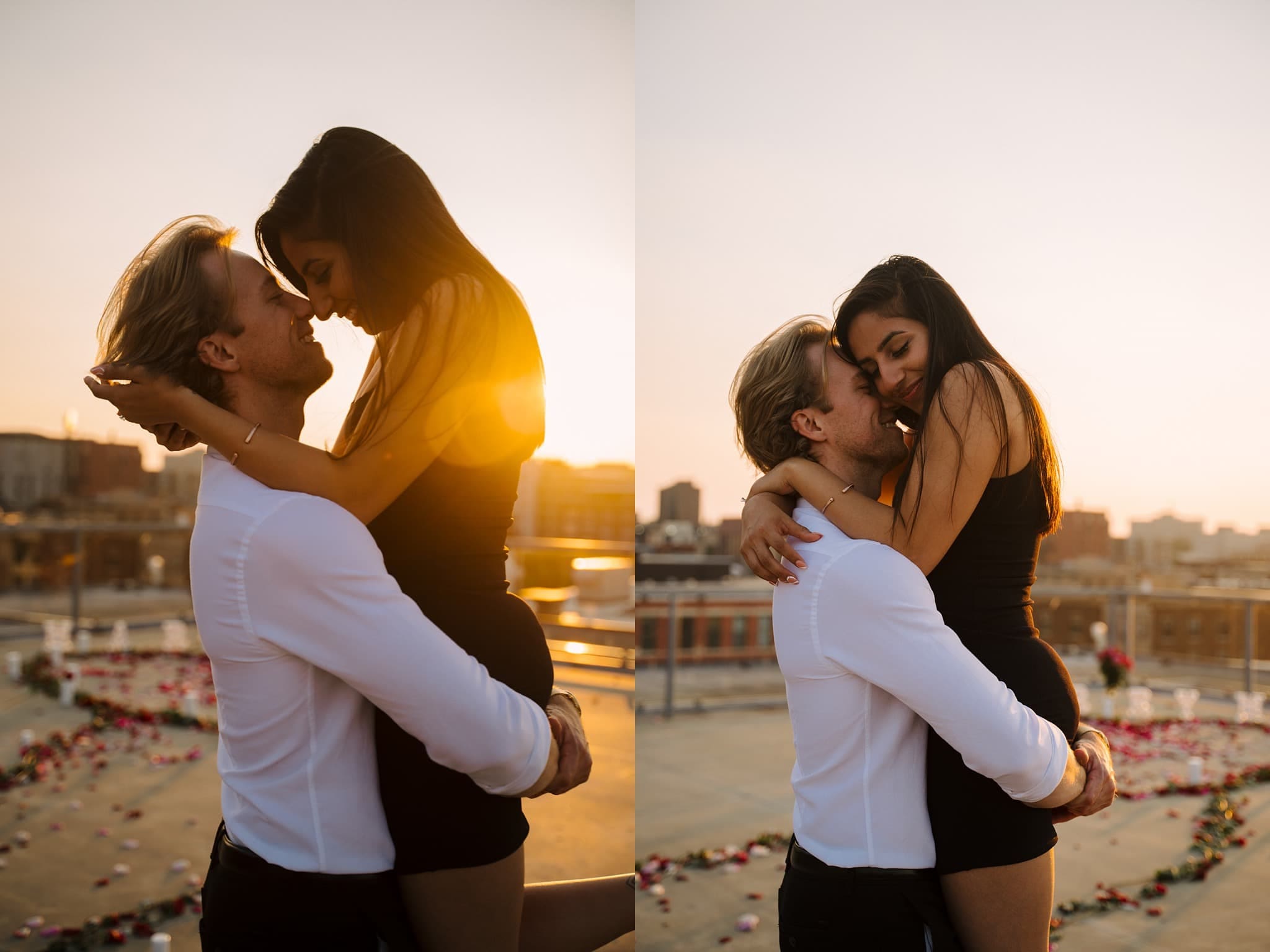 man lifts woman off feet after rooftop proposal