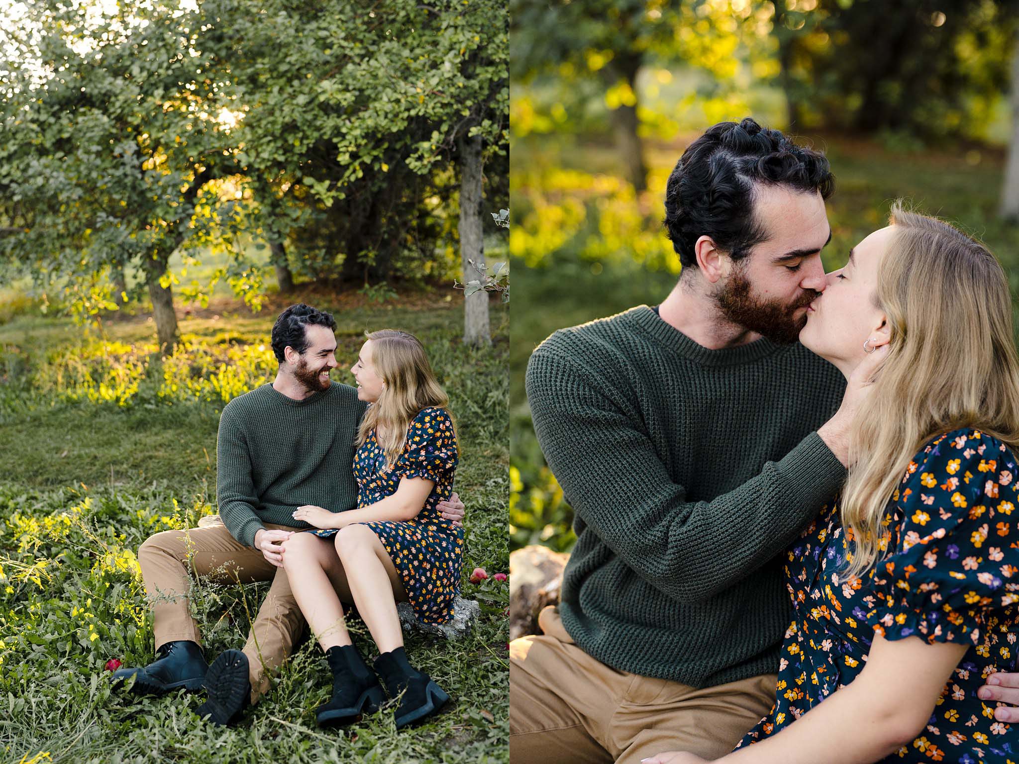 Couple kissing in an apple orchard