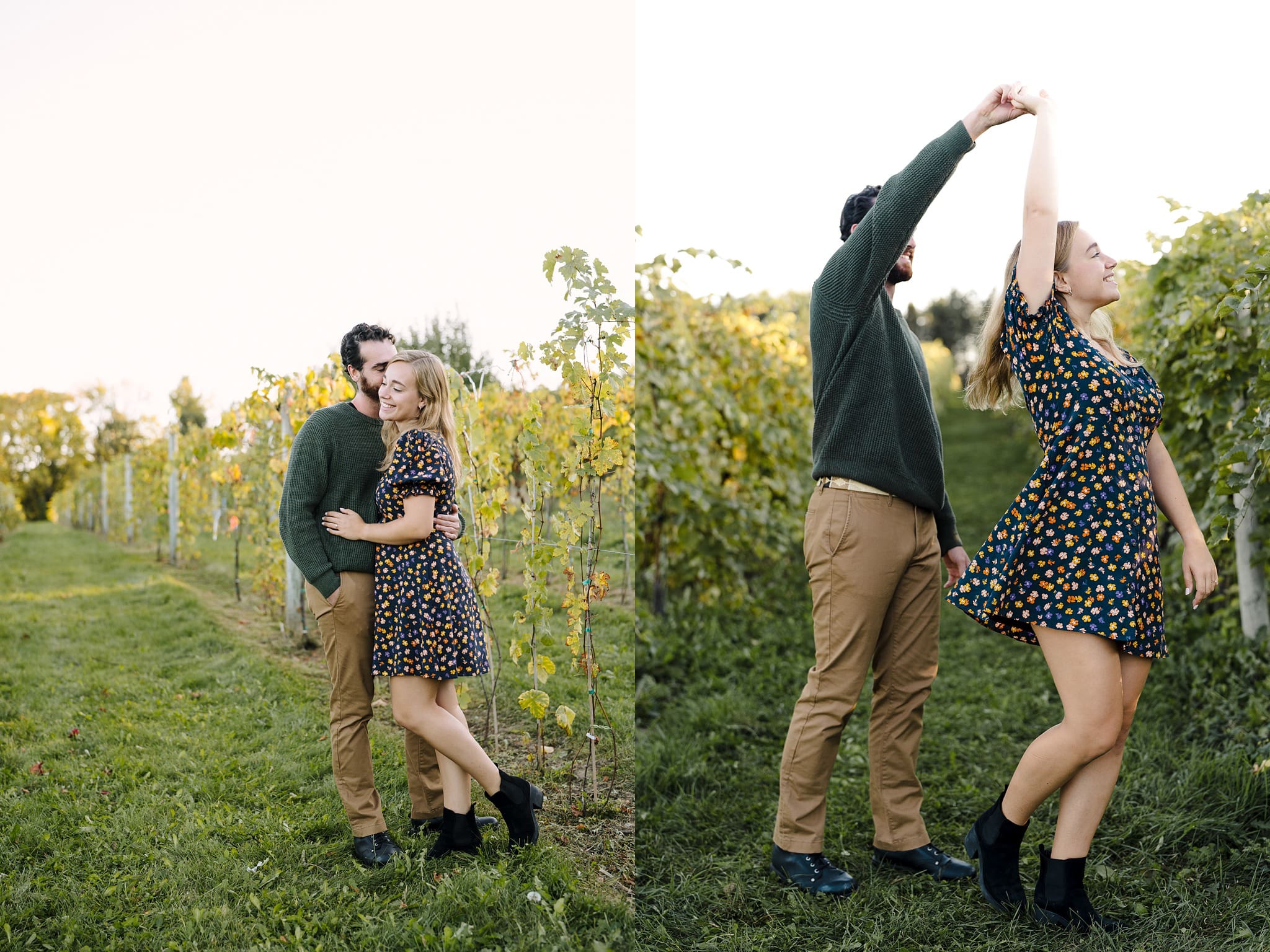 Dancing couple during apple orchard photoshoot