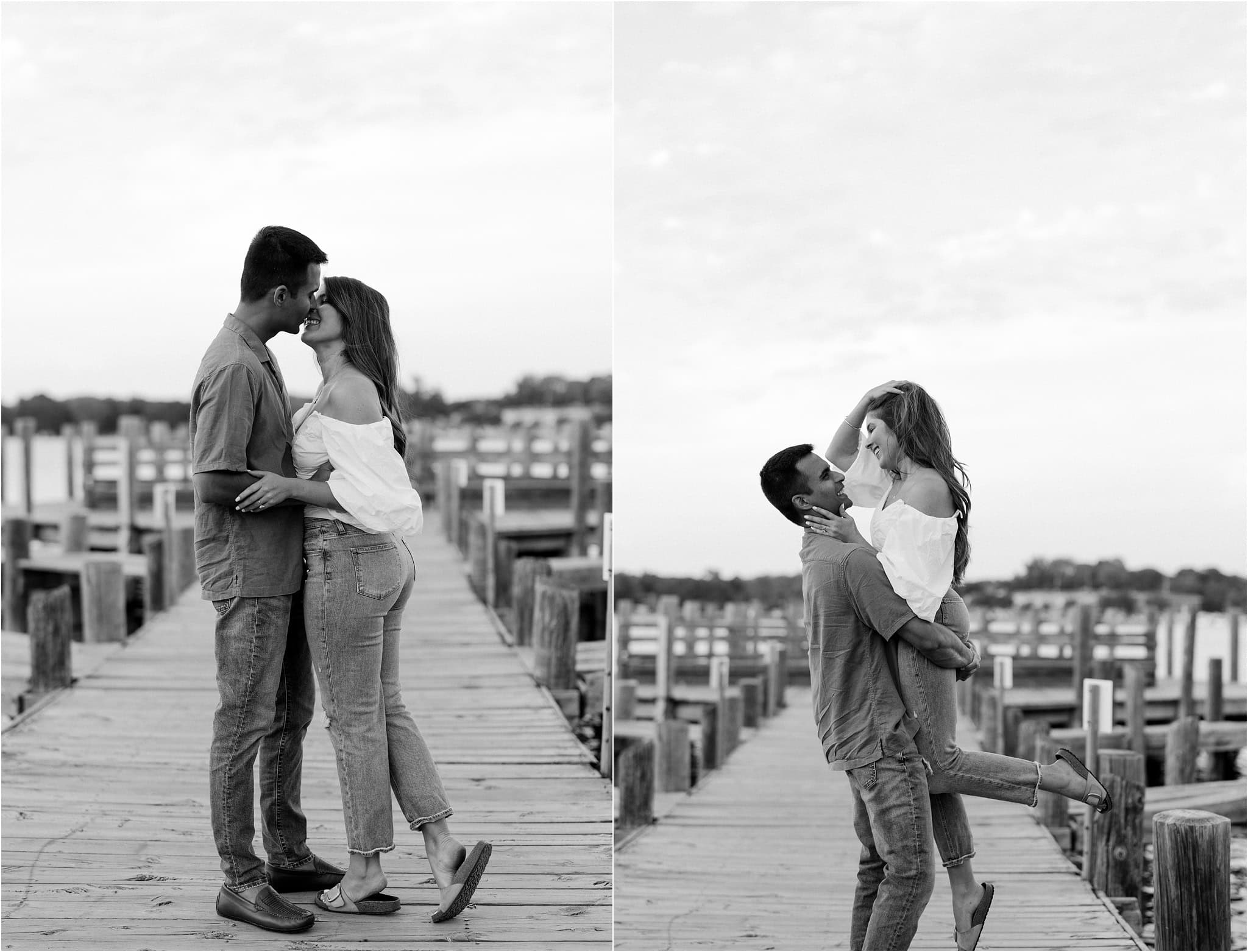 To the left, an engaged couple leaning in for a romantic kiss while standing on the dock at Port Excelsior. To the right, a man picking up his fiancé while she smiles lovingly at him and pushes the hair back from her face.