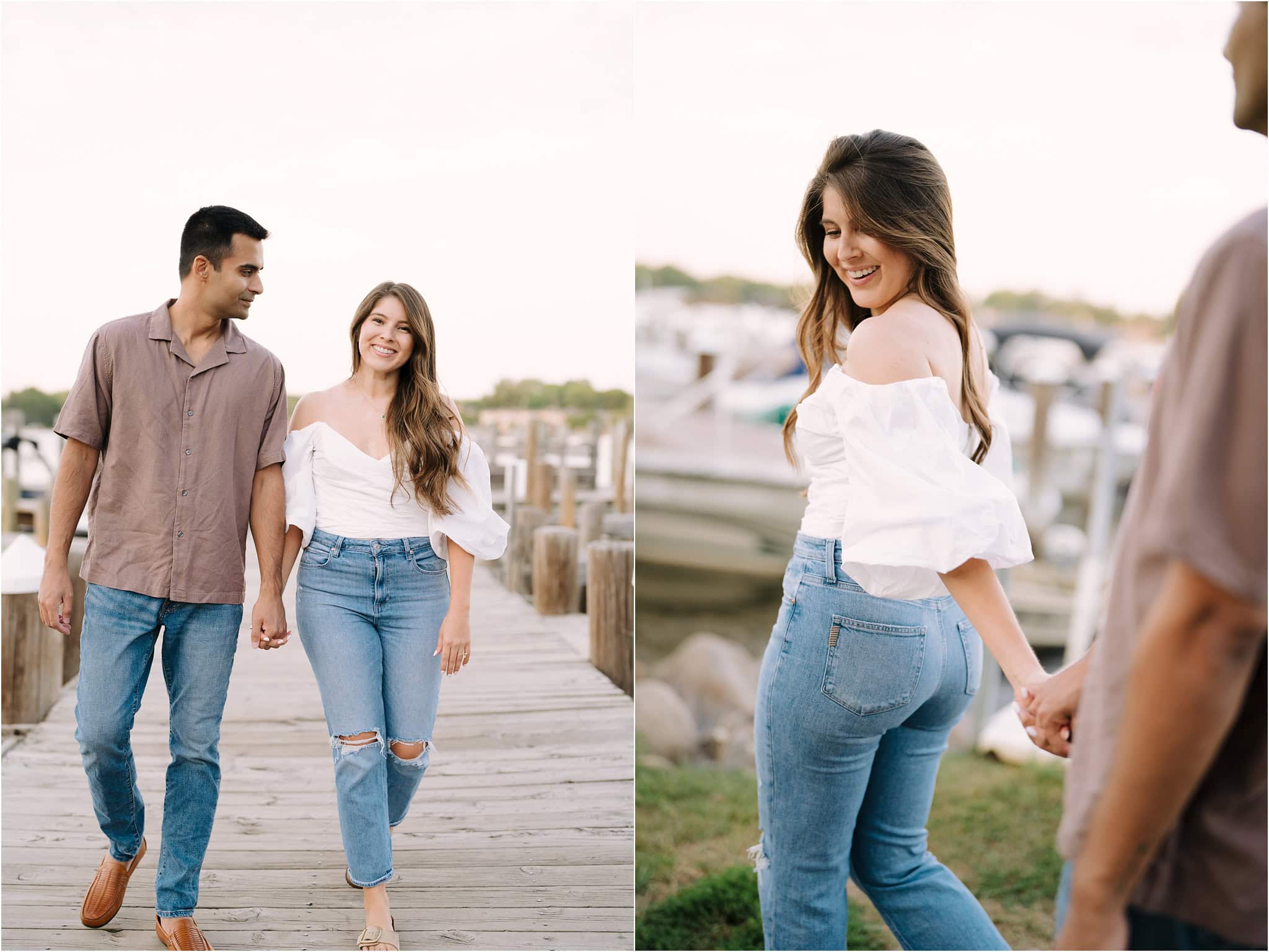 To the left, an engaged couple walking down a pier hand in hand, illuminated by the golden hour light. To the right, a woman smiling back at her fiancé while they walk near the lake a Port Excelsior.