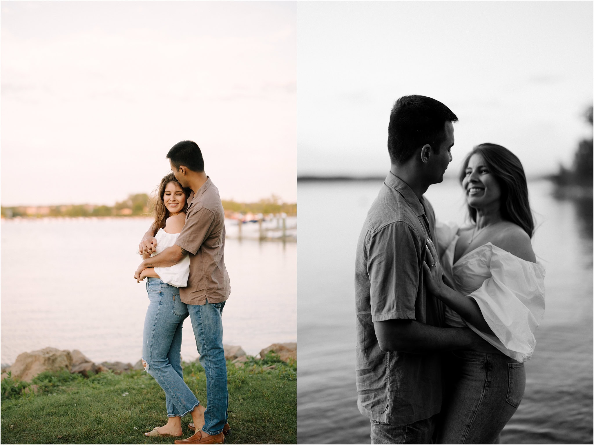 To the right, a man holding his fiancé from behind while she lovingly smiles at him over her shoulder. To the right, a black and white close up of a woman smiling brightly at her new fiancé with her hand on his chest.