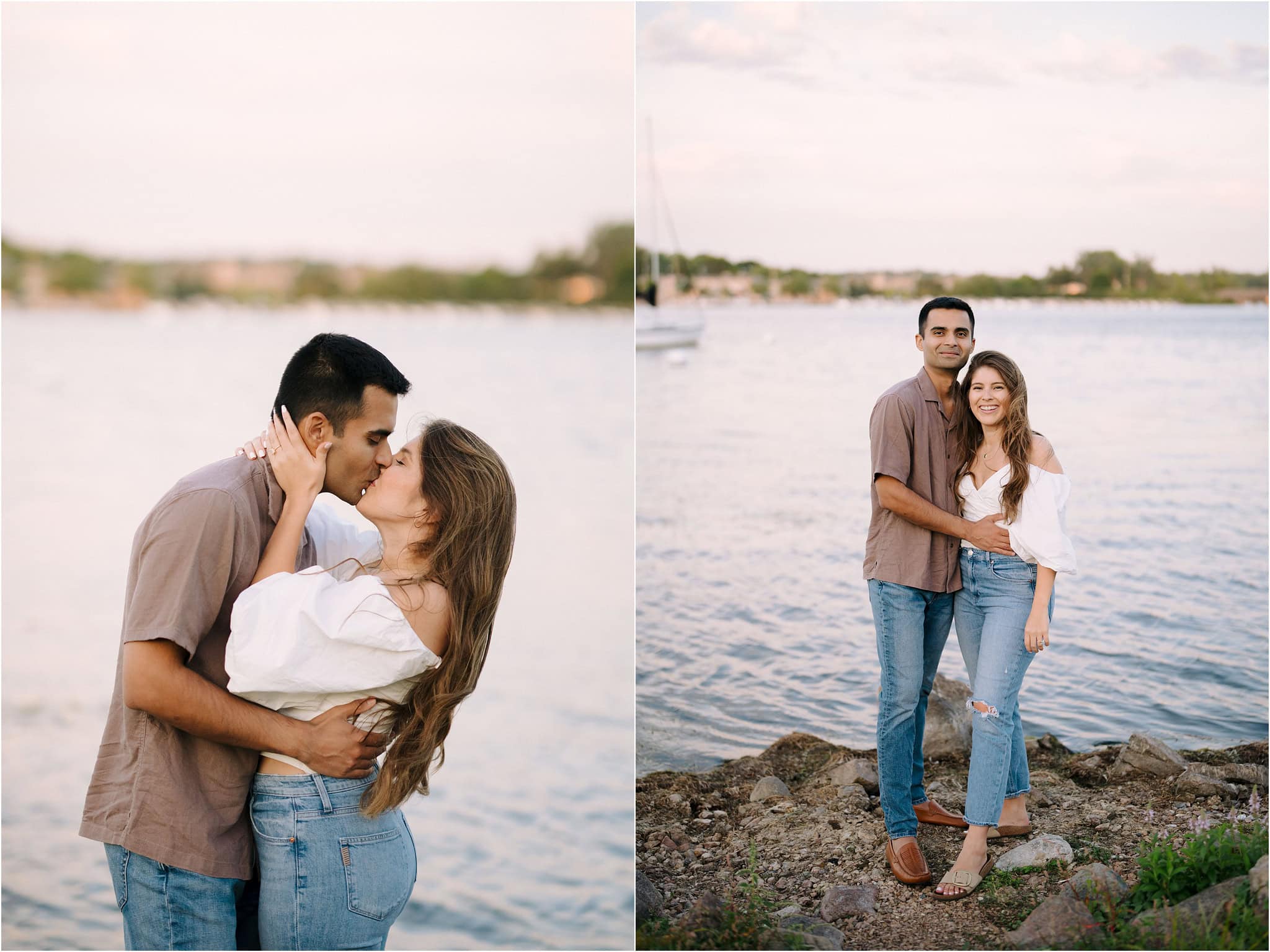 To the left, a close-up of a couple kissing sweetly, her hands around his neck and head while he holds her body. To the right, an engaged couple smiling happily towards the camera at the lake of Port Excelsior.