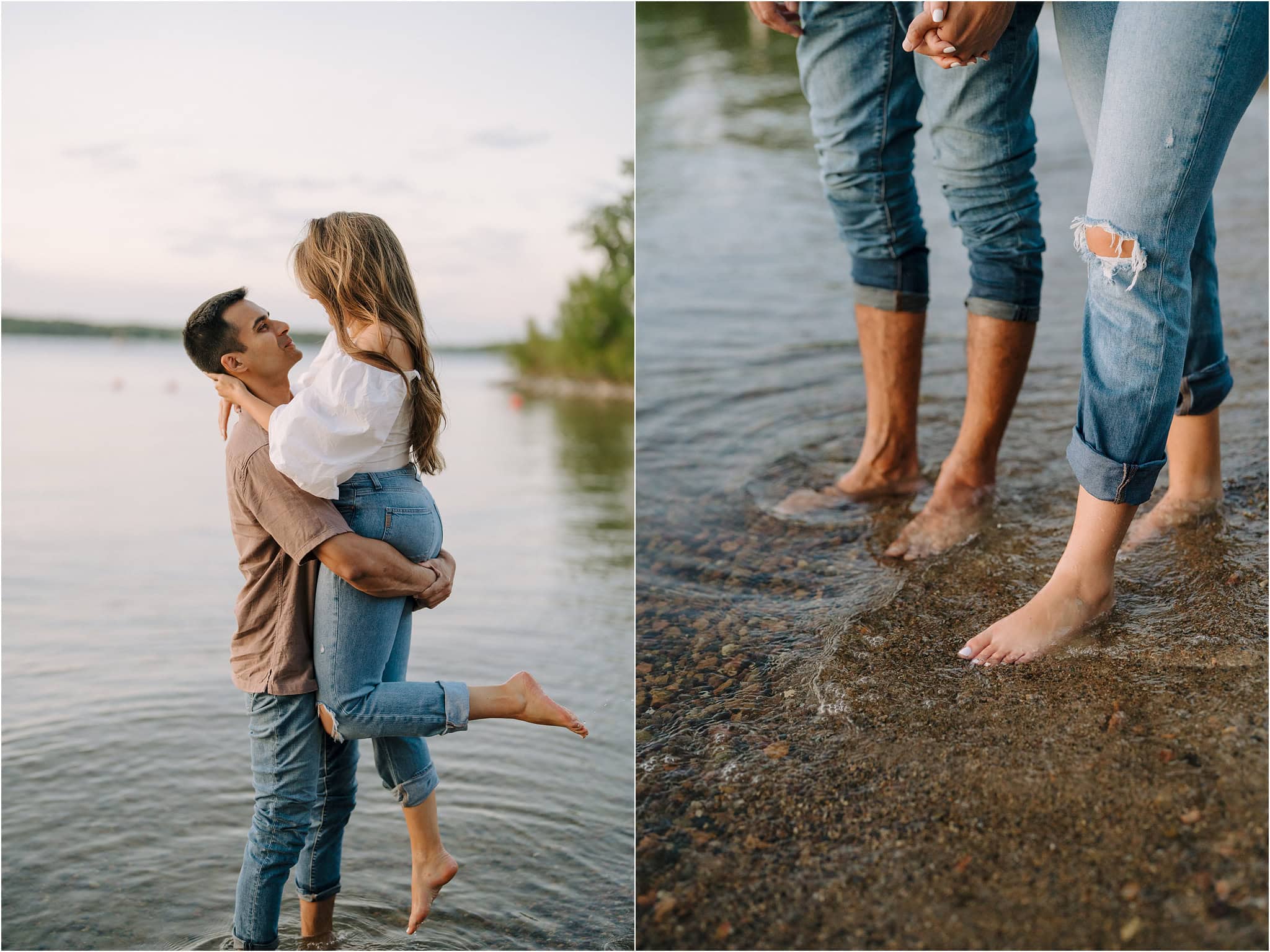 To the left, a man standing ankle deep in the lake water while picking up his fiancé, her hands are around his neck as he smiles at her. To the right, a couple from the thigh down, walking through the shallow edge of the lake, their pants rolled up past their ankles.