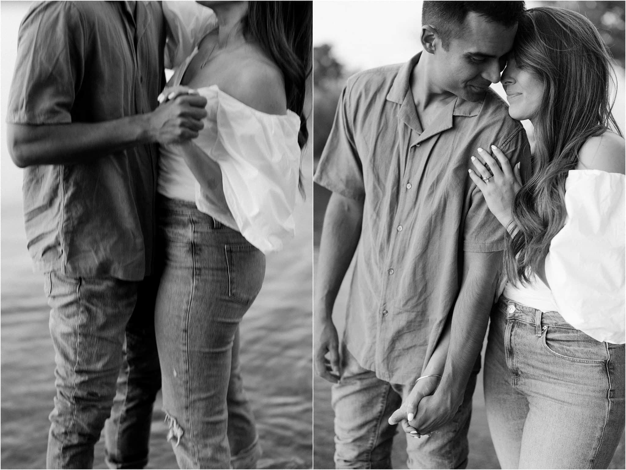 To the left, a close-up from the shoulders down of an engaged couple slow dancing before the lake at Port Excelsior. To the right, a close-up of a couple holding hands while her other is on his shoulder showing off her new engagement ring.