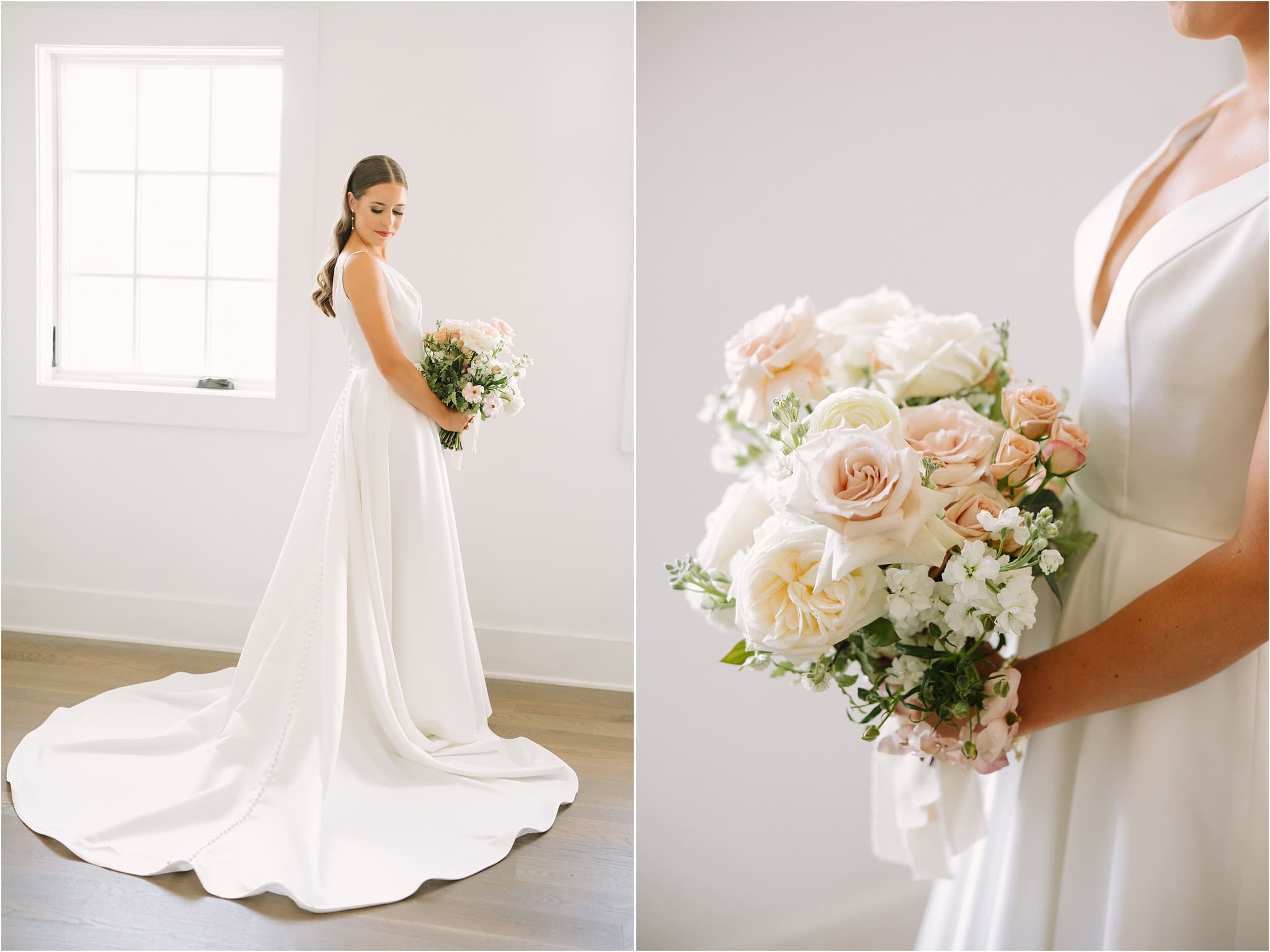 Wedding holding her bouquet at a bright and white minnesota wedding venue